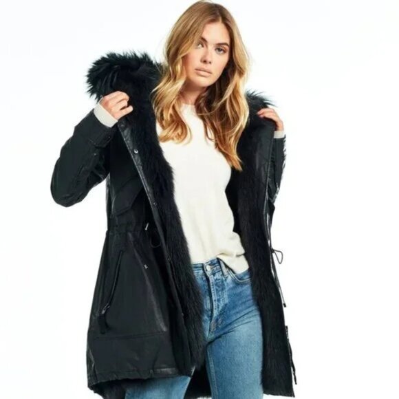 💥STUNNING!💥SAM. VTG 100% SILVER FOX FUR HOOD/PARTiAL LINING/TRIM BLACK PARKA - Picture 2 of 16